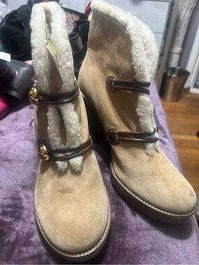 Coach Tan Suede Shearling Trim Wedge Ankle Boots